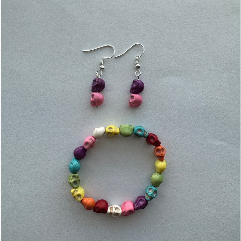 Handmade Beaded Skull Bracelet & Earring Set
